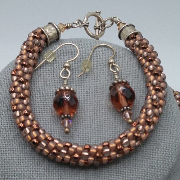 Handmade Topaz Glass Beaded Necklace Bracelet Earrings, Silver Plated Clasps - Picture 6 of 7